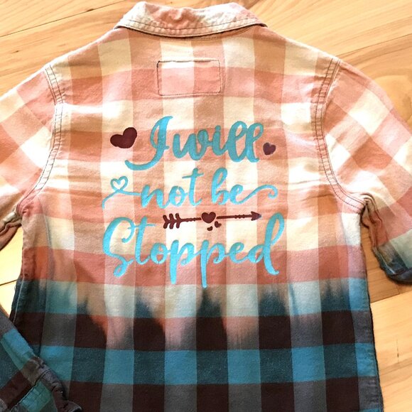 Upcycled Bleach Dyed Flannel Girl’s Shirt Size 8: Painted Inspirational Quote - Picture 9 of 11